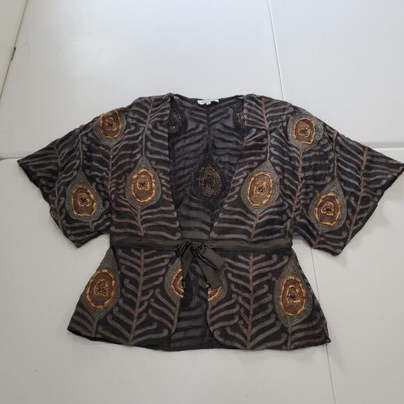 Joolay Kimono Jacket Womens Large Black Sheer Silk Embroidered Beaded Tie Belt - Picture 1 of 10